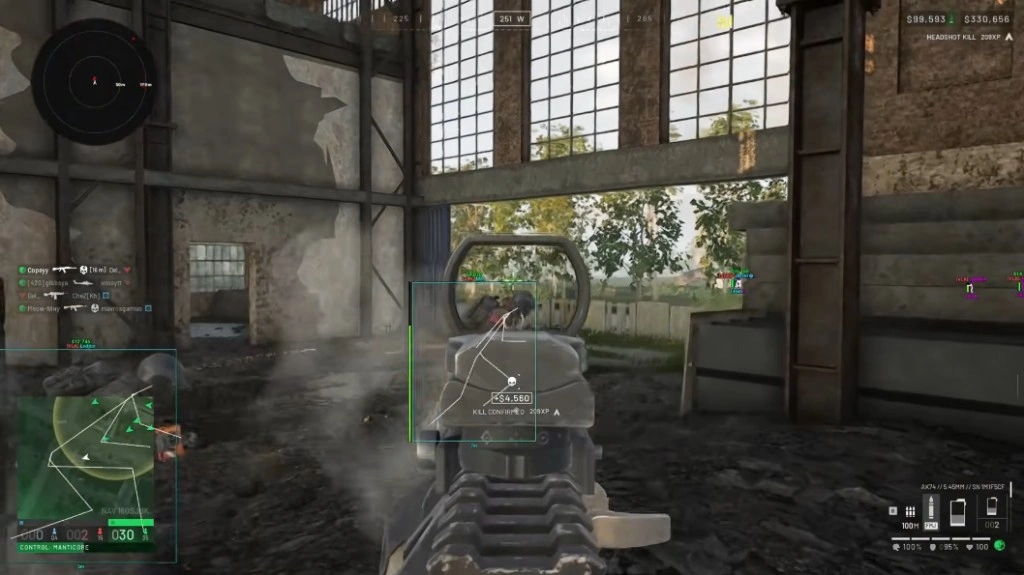 Wardogs warehouse fight with purple and green player boxes